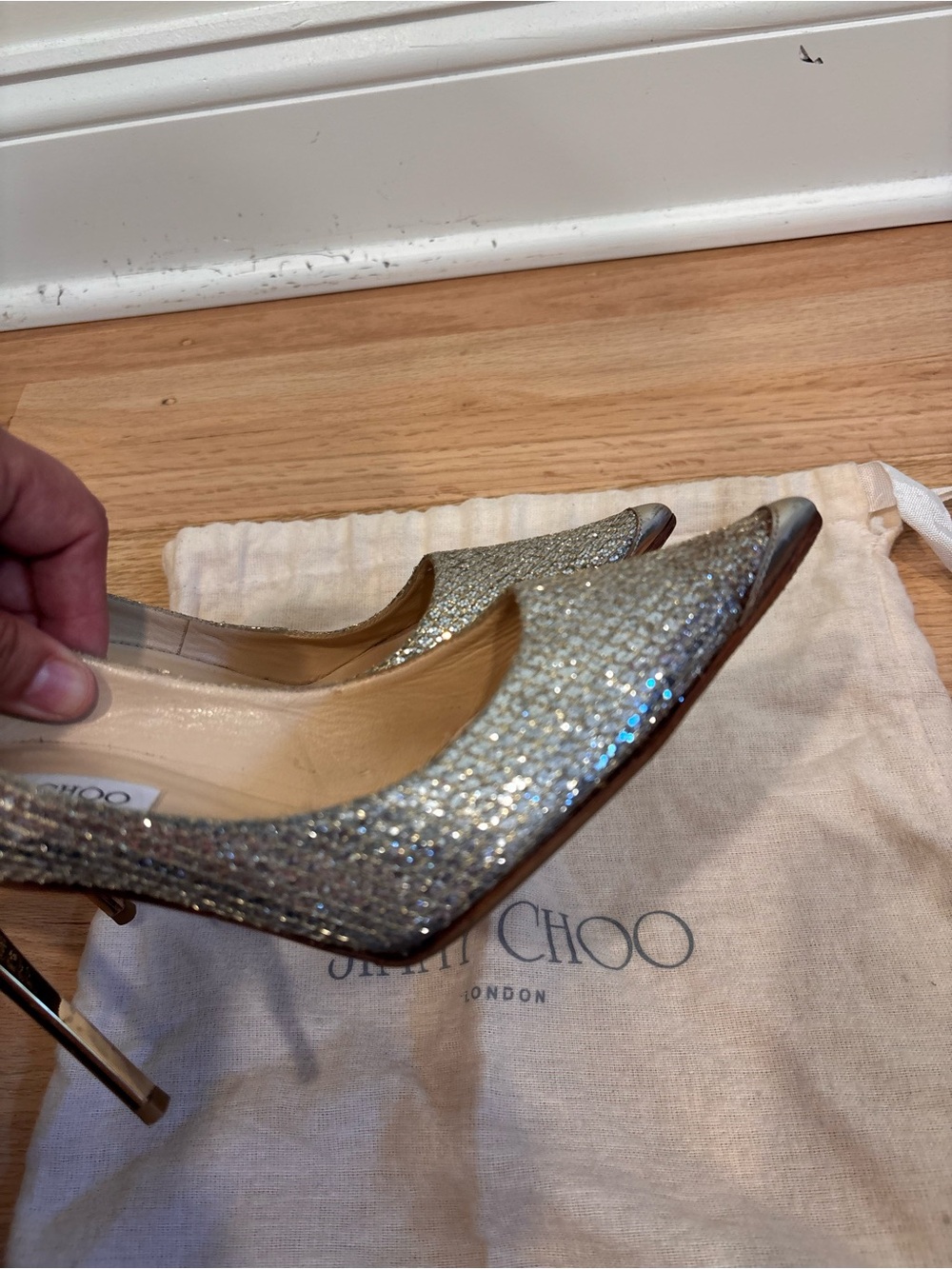 Jimmy Choo 100mm Abel Glitter Pointed Toe Pumps Heels Gold/Silver Champagne sz38 - Picture 9 of 13